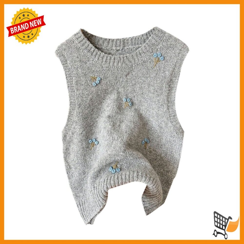 Women's Crew Neck Sweater Vest Embroidered Sleeveless Pullover Knitwear